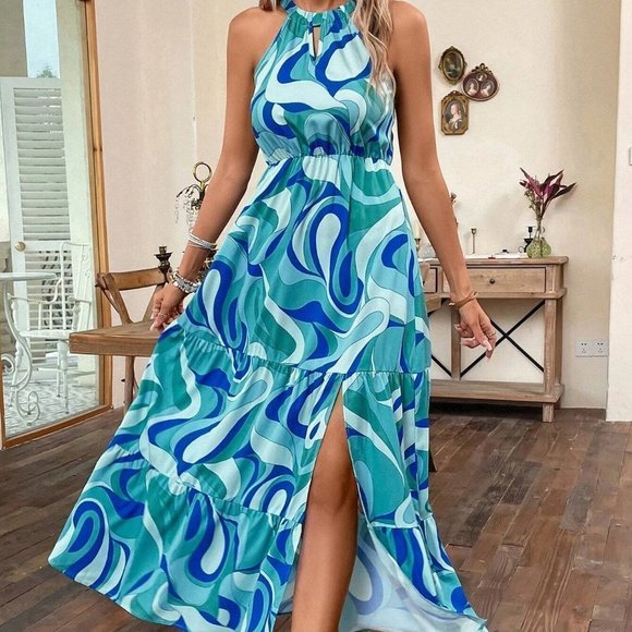 Blue Boho Womens Allover Print Split Thigh Ruffle Hem Halter Dress - Picture 3 of 5